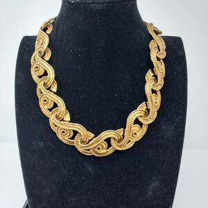 Florentine Links Statement Necklace Textured Gold Tone Ornate 18.5" Y2K Vintage